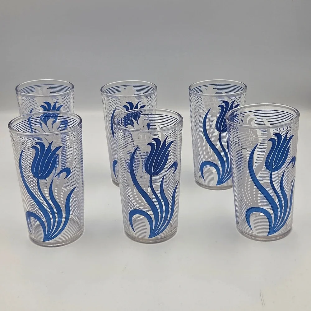 Unbranded Tulip Tumbler Glasses Set of 6 Blue White Floral Vintage Style 10oz